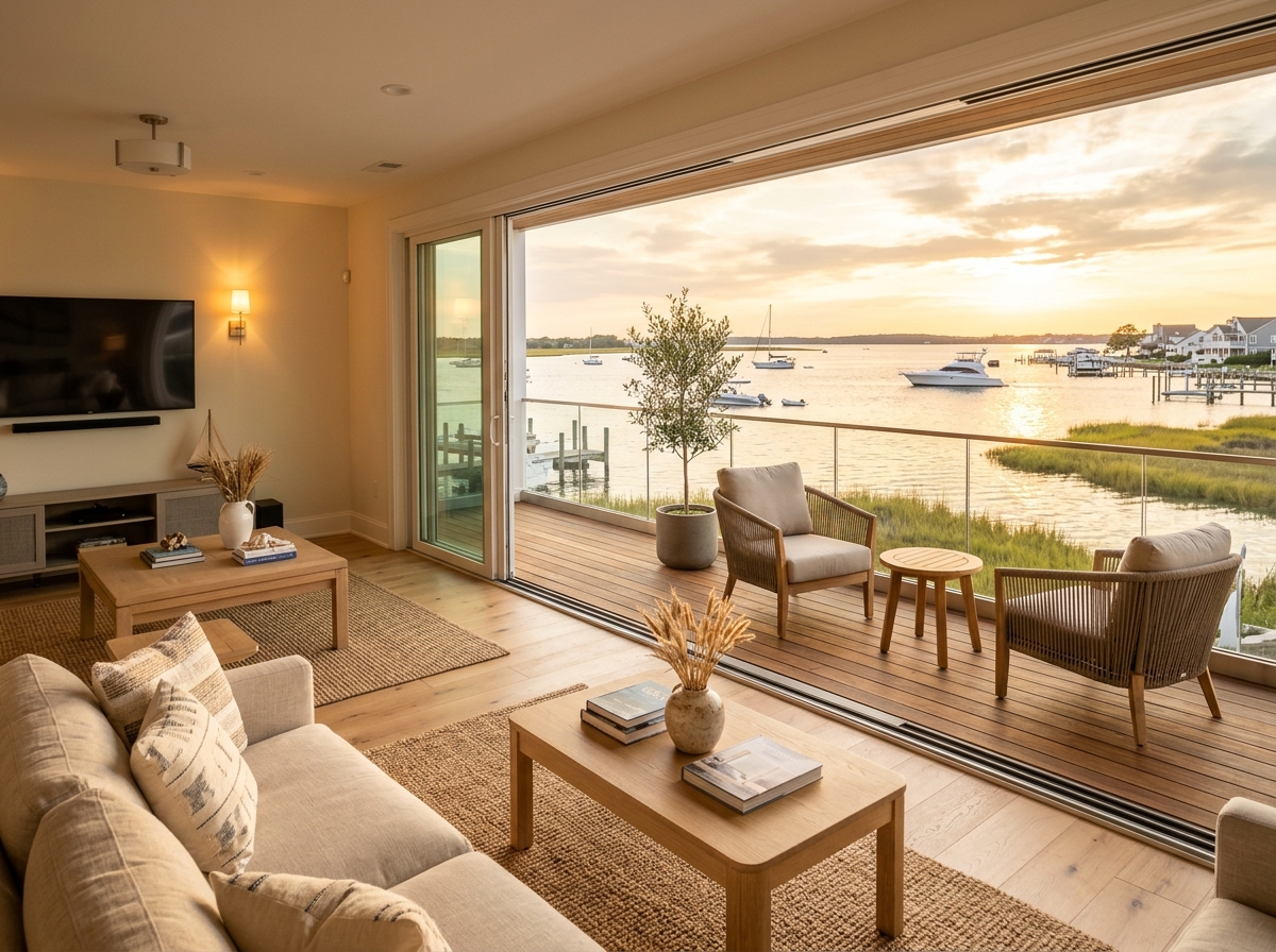 Sunlit 3-bedroom coastal condo and bayside townhome balcony in Ocean City, MD