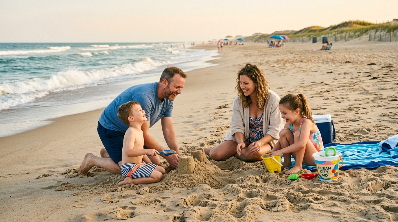 Family enjoying sunny beach day in Ocean City, MD
